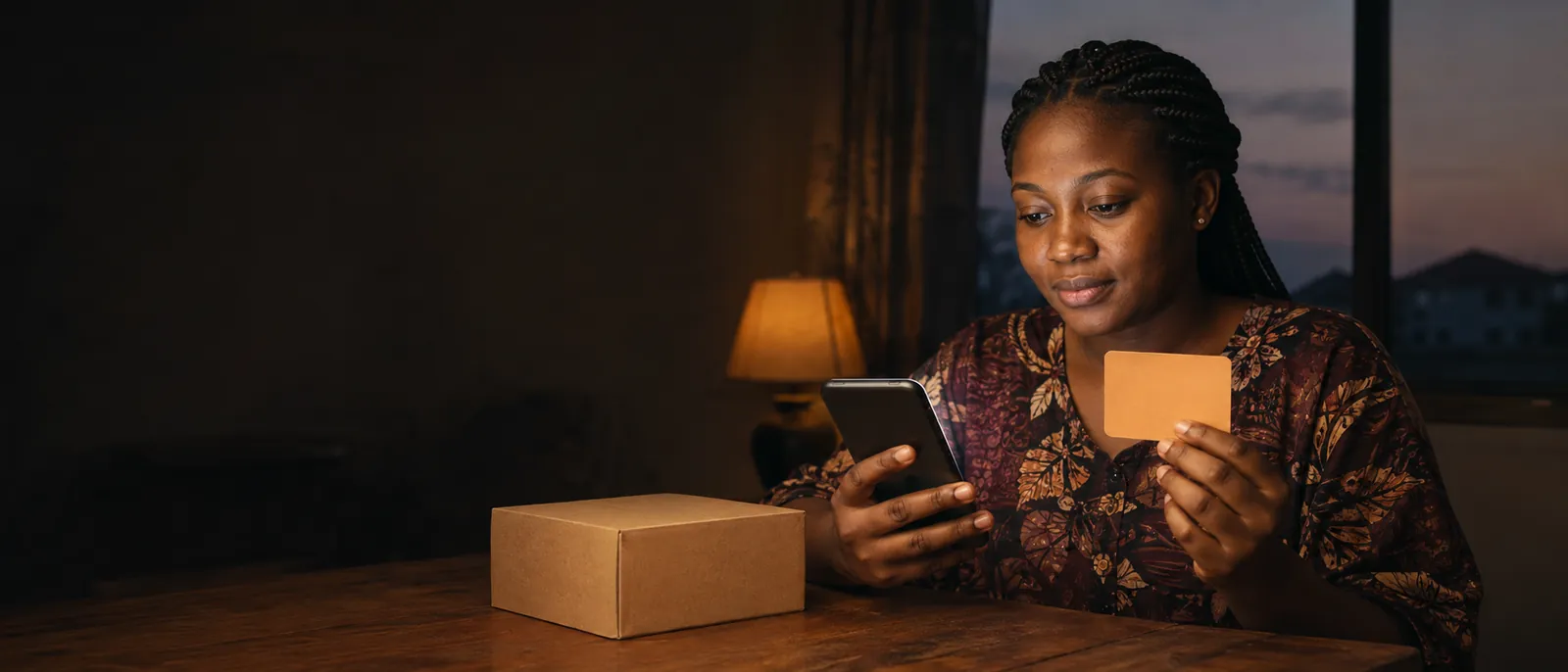 A young Nigerian woman at a wooden table by a window at dusk, weighing a blank orange-cream gift card against her glowing phone