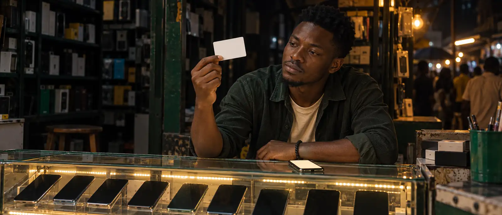 A young Nigerian man at a glass phone-shop counter at night, blank smartphone slabs glowing beneath the glass, holding up a blank white gift card