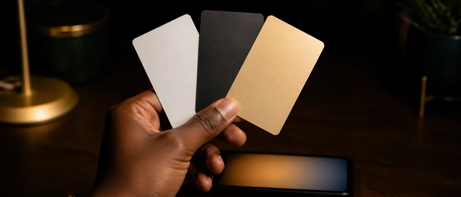 A young Nigerian man’s hand fanning out three blank gift cards — matte white, charcoal and champagne-gold — above a dark wooden desk in warm lamplight, a glowing phone lying out of focus below