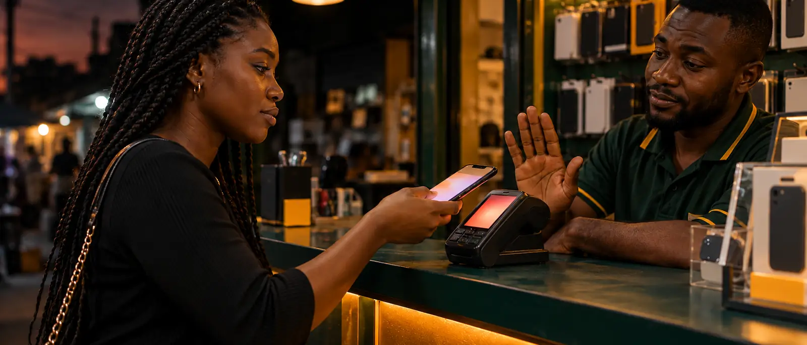 A customer holds an iPhone toward a POS terminal glowing red at a Nigerian electronics kiosk at dusk while the shopkeeper raises a polite hand — Apple Pay declined