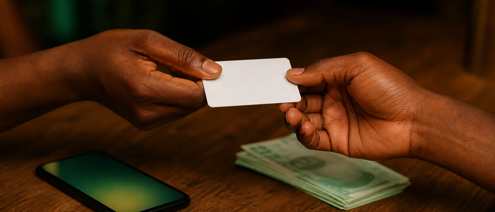 Two people’s hands exchanging a blank white gift card across a wooden table in warm evening lamplight, with a small stack of naira banknotes and a glowing phone beside them