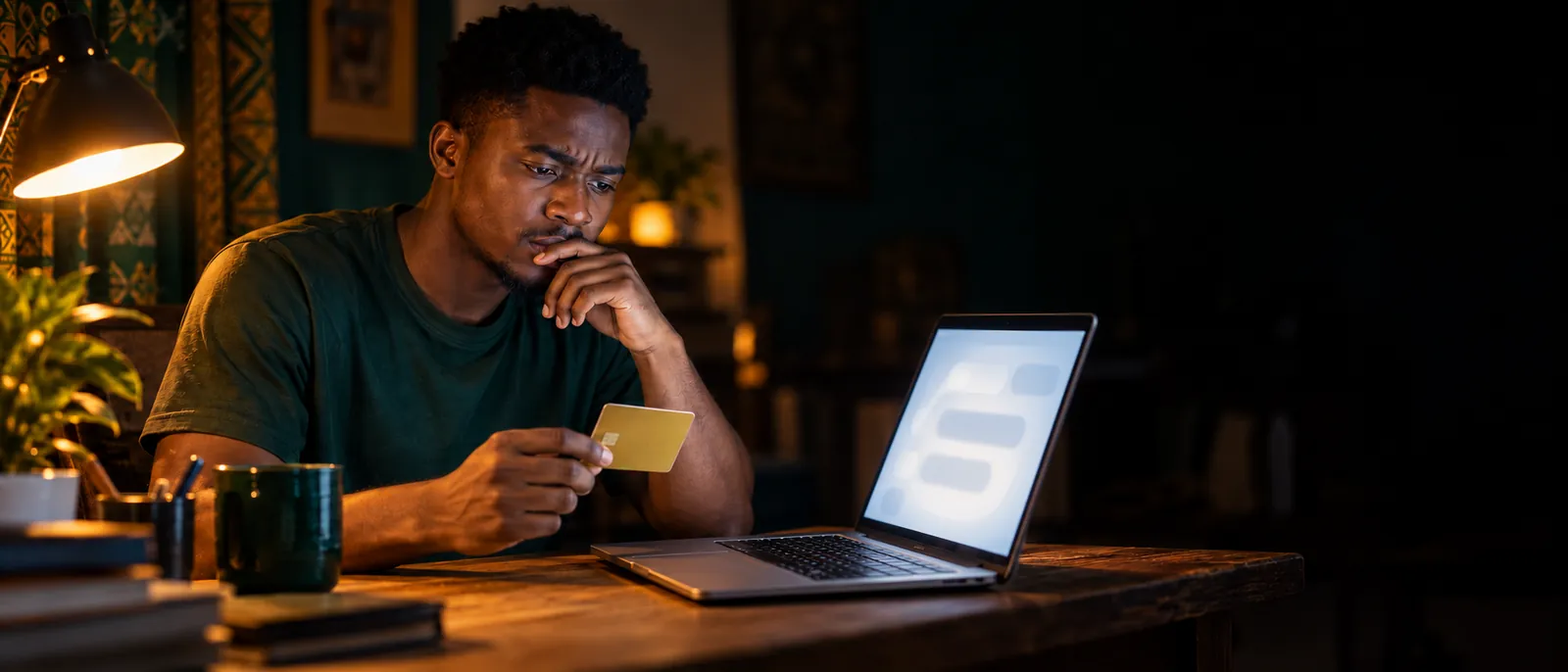 A young Nigerian man at a lamp-lit desk at night, turning a bank card over as he weighs paying for ChatGPT Plus