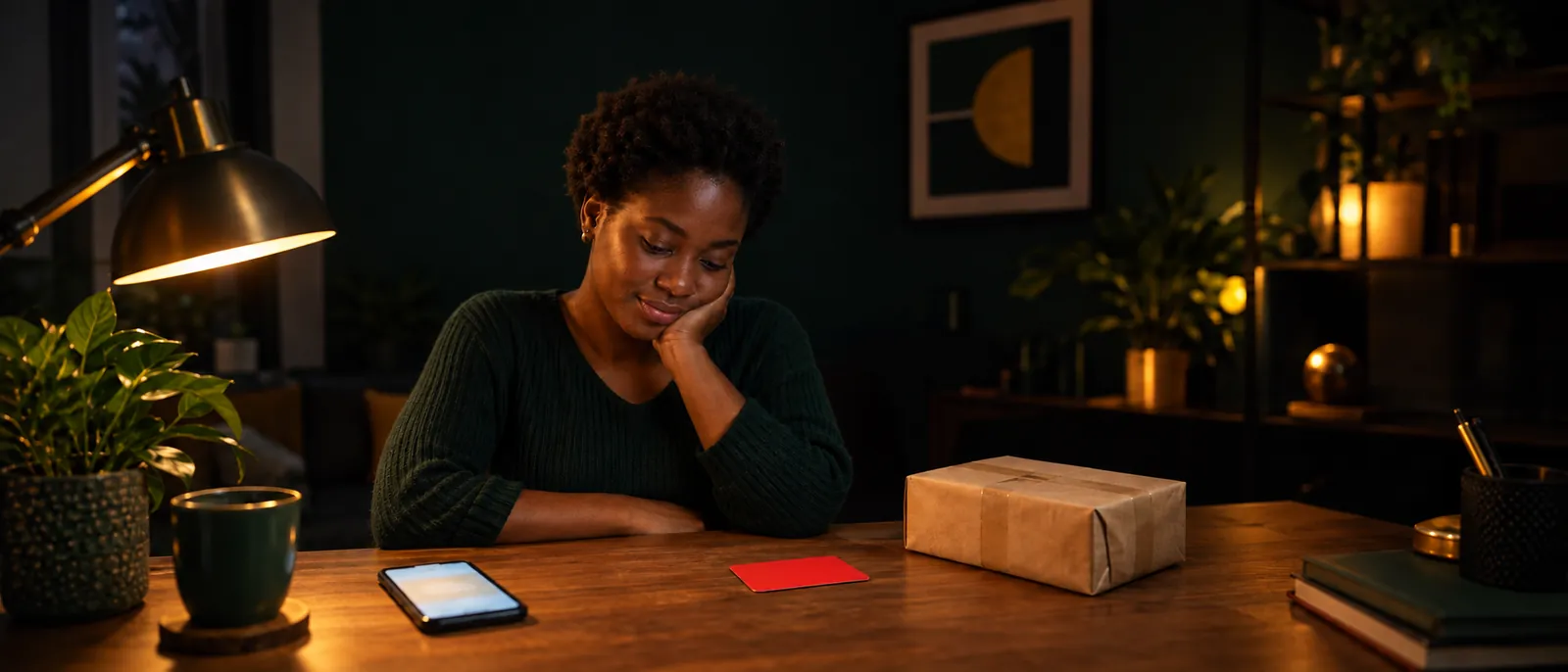A young Nigerian woman with short natural hair at a wooden desk at night in warm lamplight, chin on hand, studying a blank red gift card lying flat beside a small sealed kraft parcel, her phone face-up with a soft unreadable glow