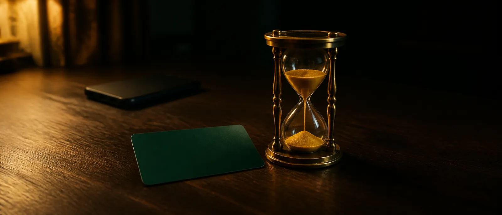 A blank dark-green gift card lying on a dark wooden desk beside a brass hourglass with golden sand mid-flow, in warm evening lamplight with a phone face-down out of focus behind them