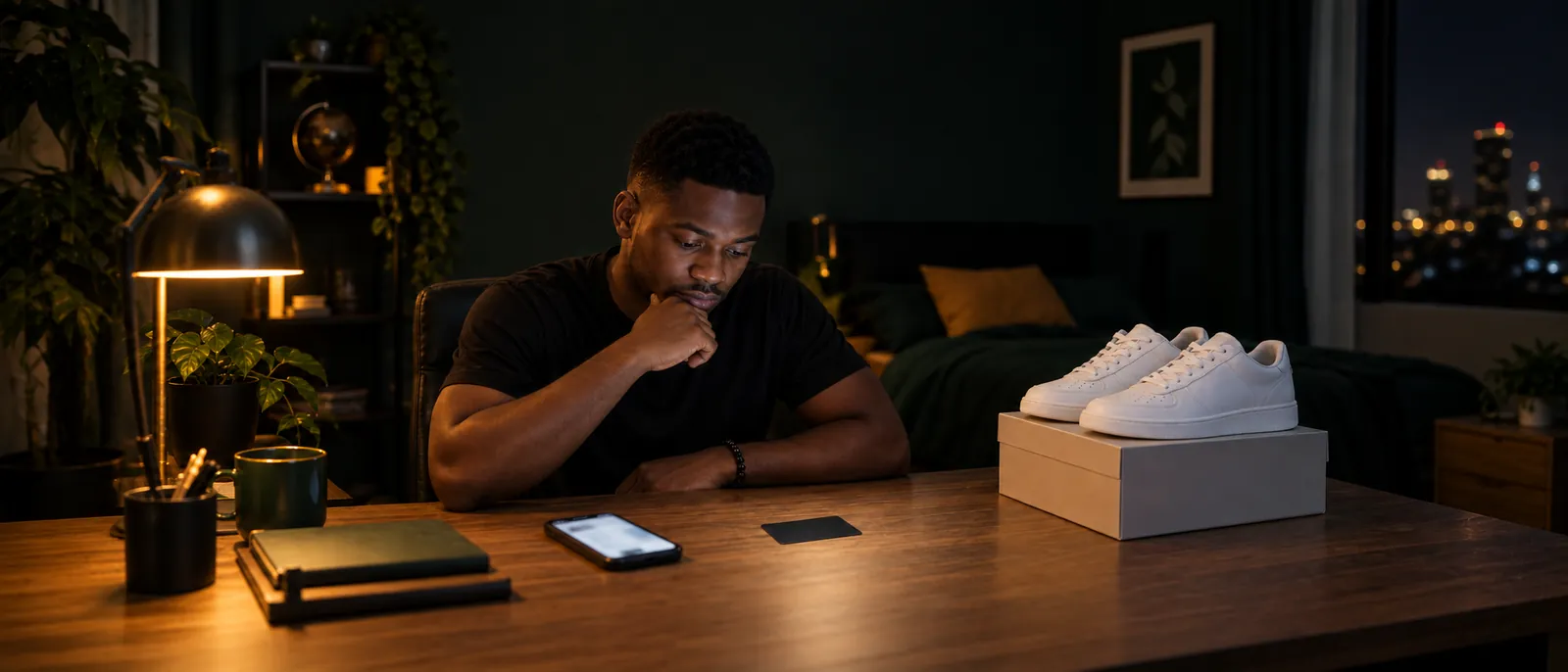 A young Nigerian man at a wooden desk at night in warm lamplight, chin on hand, studying a blank matte-black gift card lying flat beside his glowing phone, a pair of unbranded white sneakers resting on a shoebox