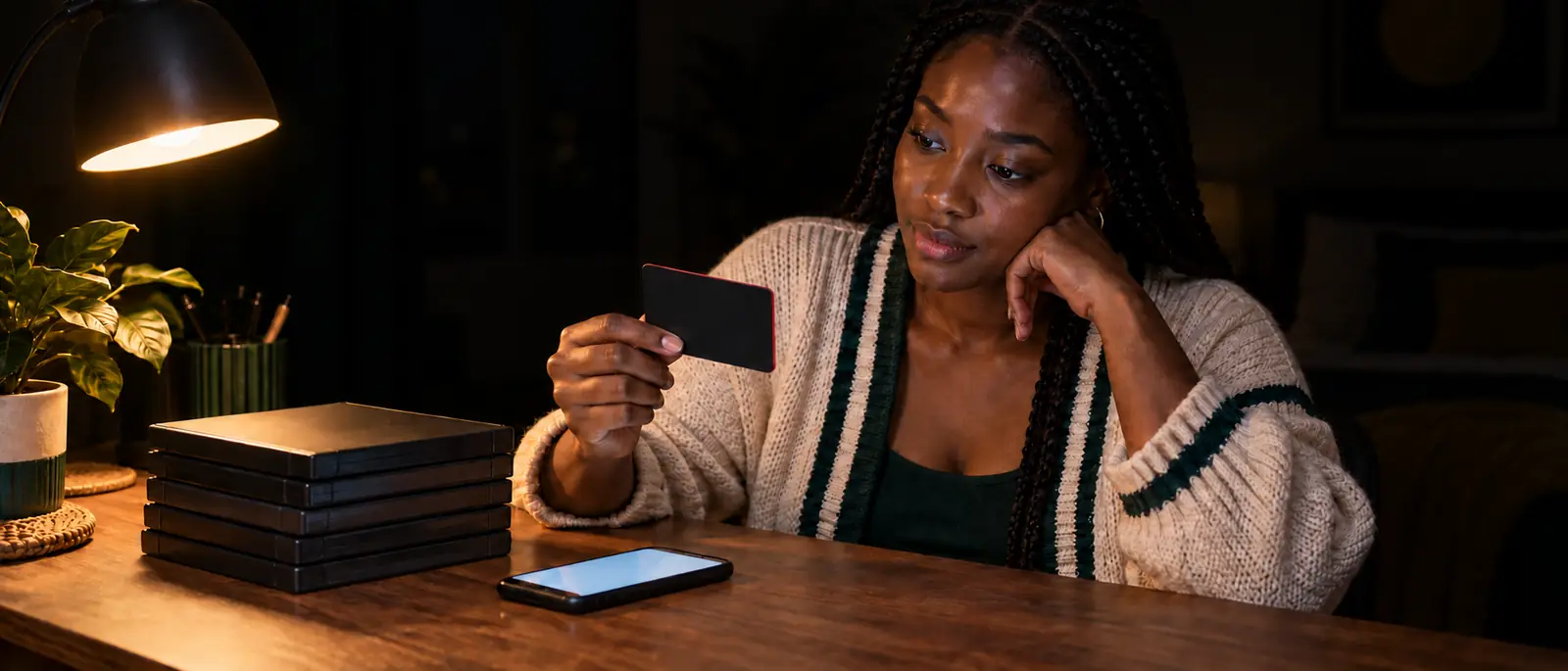 A young Nigerian woman at a wooden desk at night in warm lamplight, holding up a blank matte-black gift card with a thin red edge, a small stack of plain video-game cases and her glowing phone on the desk