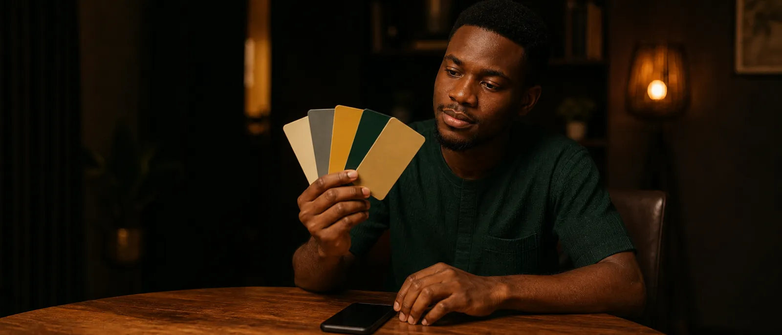 A young Nigerian man at a wooden table in warm evening lamplight, holding a fanned spread of blank gift cards and comparing them