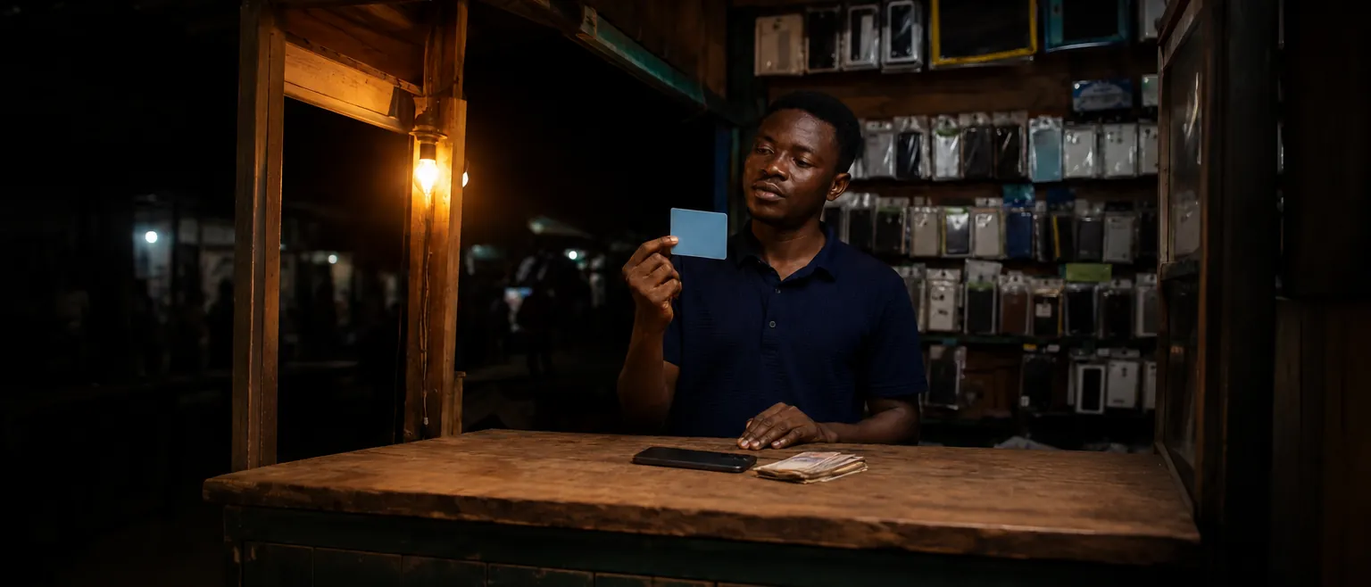 A young Nigerian man at a night phone-accessories kiosk counter, a warm bulb glowing, holding up a blank pale-blue gift card, his phone face-down beside a small stack of naira banknotes