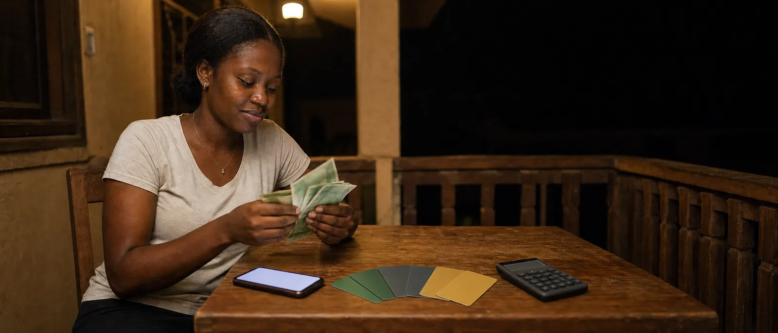 A young Nigerian woman on a home veranda in warm evening lamplight, counting naira banknotes at a wooden table with blank gift cards, a glowing phone and a calculator spread out
