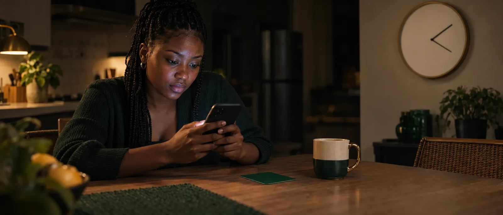 A young Nigerian woman at a kitchen table late at night, her face lit by the phone she is reading, a plain dark-green gift card lying flat beside a ceramic mug, a blank numberless wall clock on the wall behind her