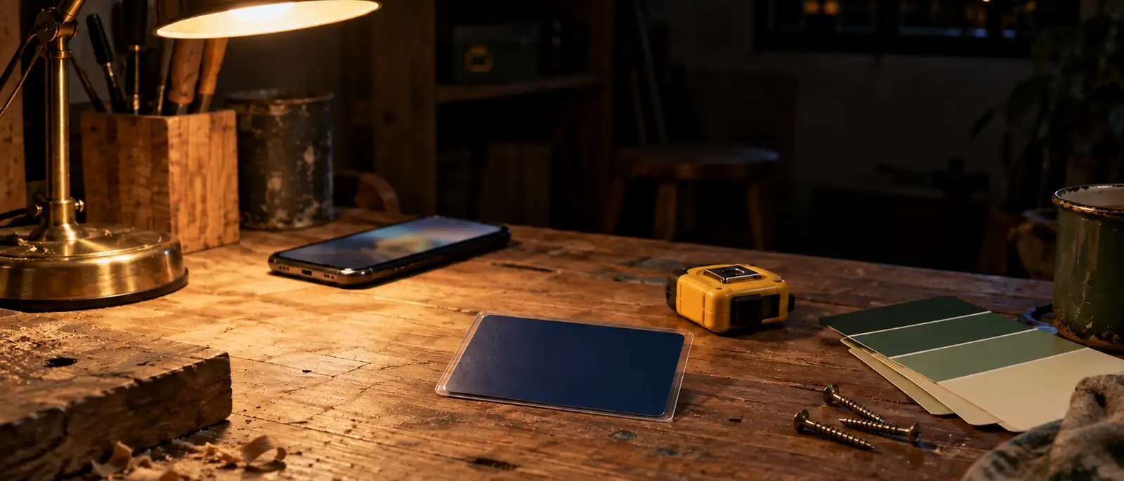 A carpenter's wooden workbench at night lit by a warm brass task lamp: a plain sealed navy-blue gift card lying flat beside a yellow tape measure, a fanned stack of green paint-swatch cards and a few scattered screws, a phone glowing face-up nearby