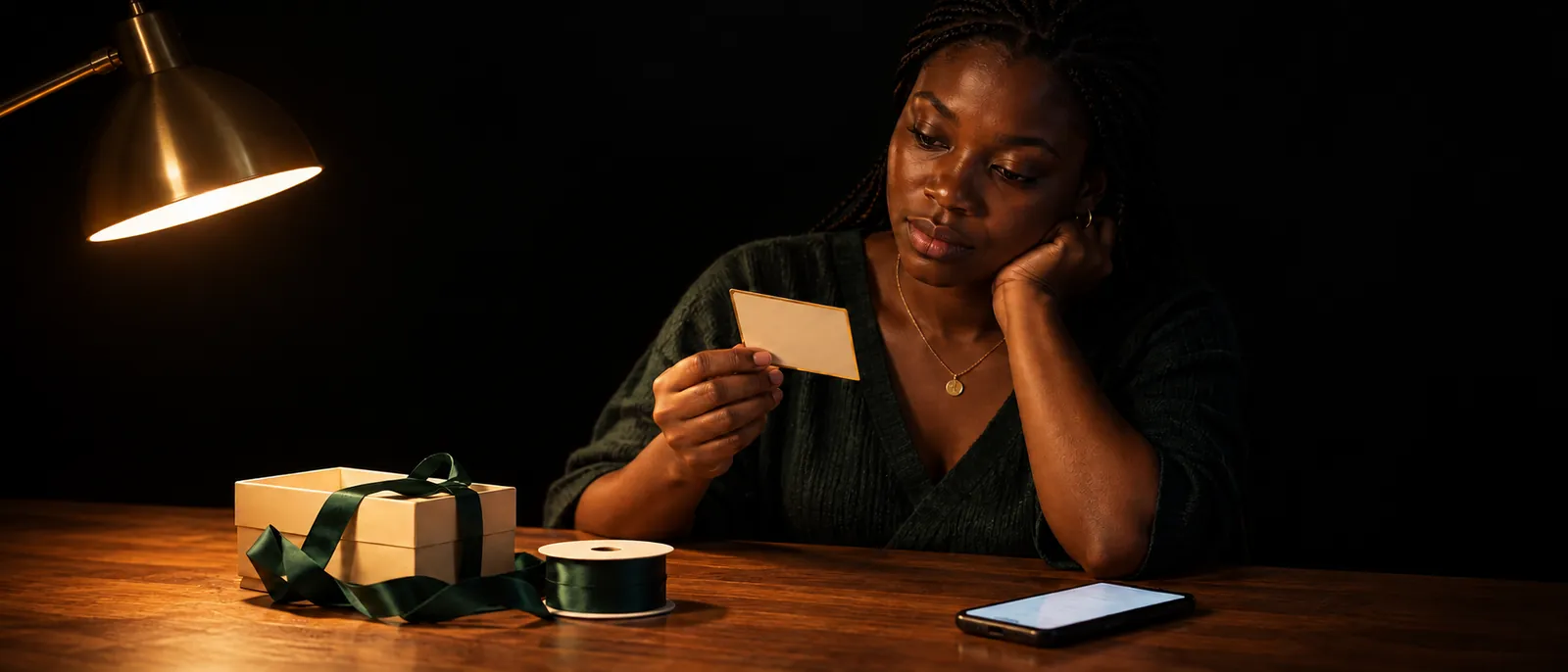 A young Nigerian woman at a wooden desk at night in warm lamplight, holding a blank cream-ivory gift card with a thin gold edge up toward the light, a small plain gift box with a loose ribbon and a ribbon spool on the desk beside her softly glowing phone