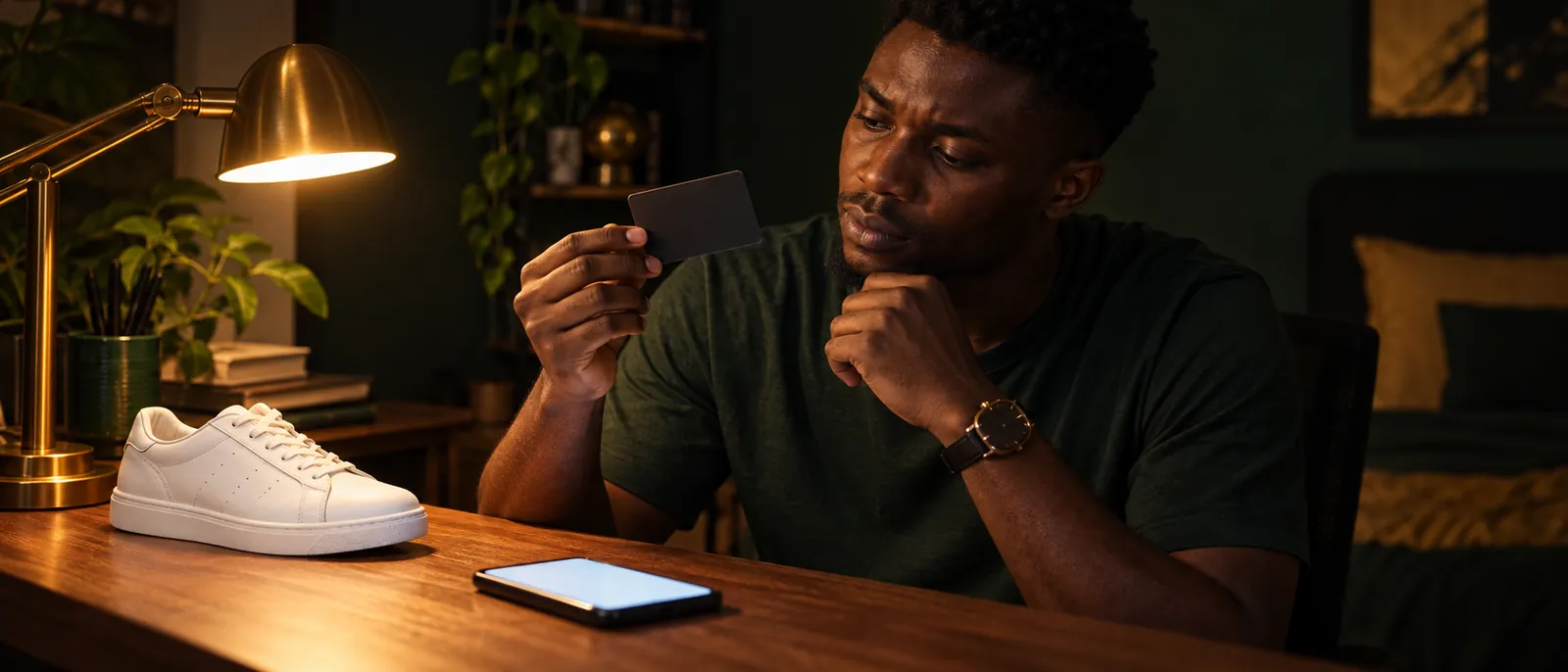 A young Nigerian man at a wooden desk at night in warm lamplight, holding a blank matte-black gift card up toward the light as if reading its fine print, a clean unbranded white sneaker and his softly glowing phone on the desk