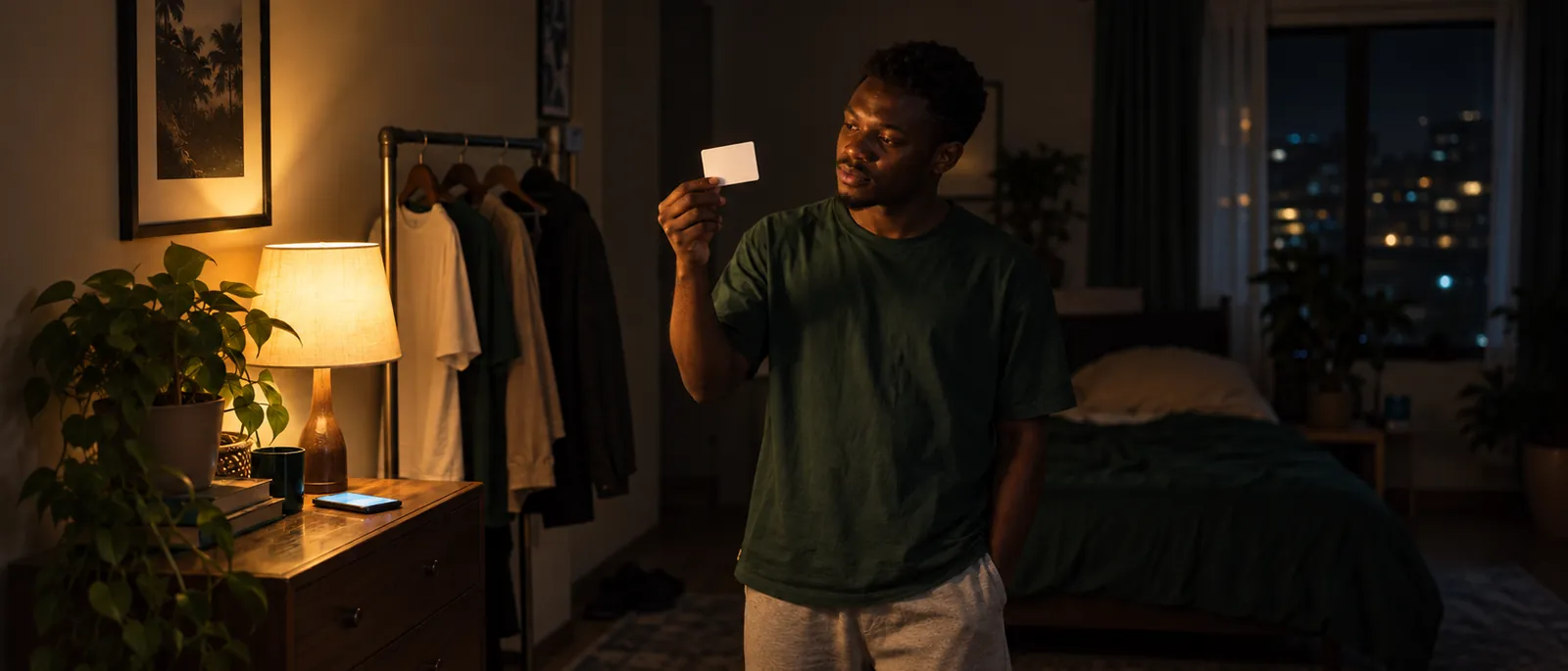 A young Nigerian man standing beside a small clothing rack of hanging garments in a dim bedroom at night, holding a plain matte-white card up toward a warm bedside lamp, his phone glowing unreadable on the wooden dresser