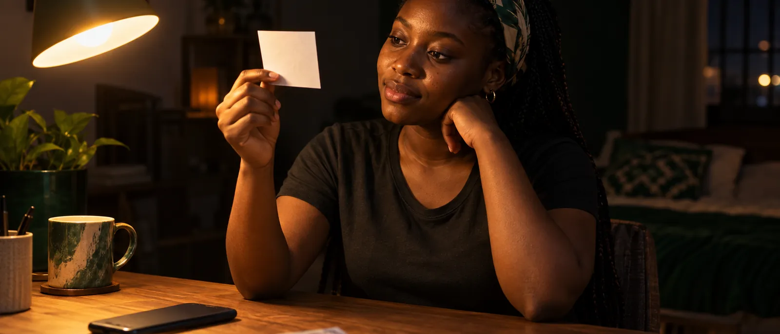 A young Nigerian woman at a wooden desk at night in warm lamplight, holding a small plain white voucher slip up toward the lamp between two fingers, blurred banknotes and her face-down phone resting on the desk beside her