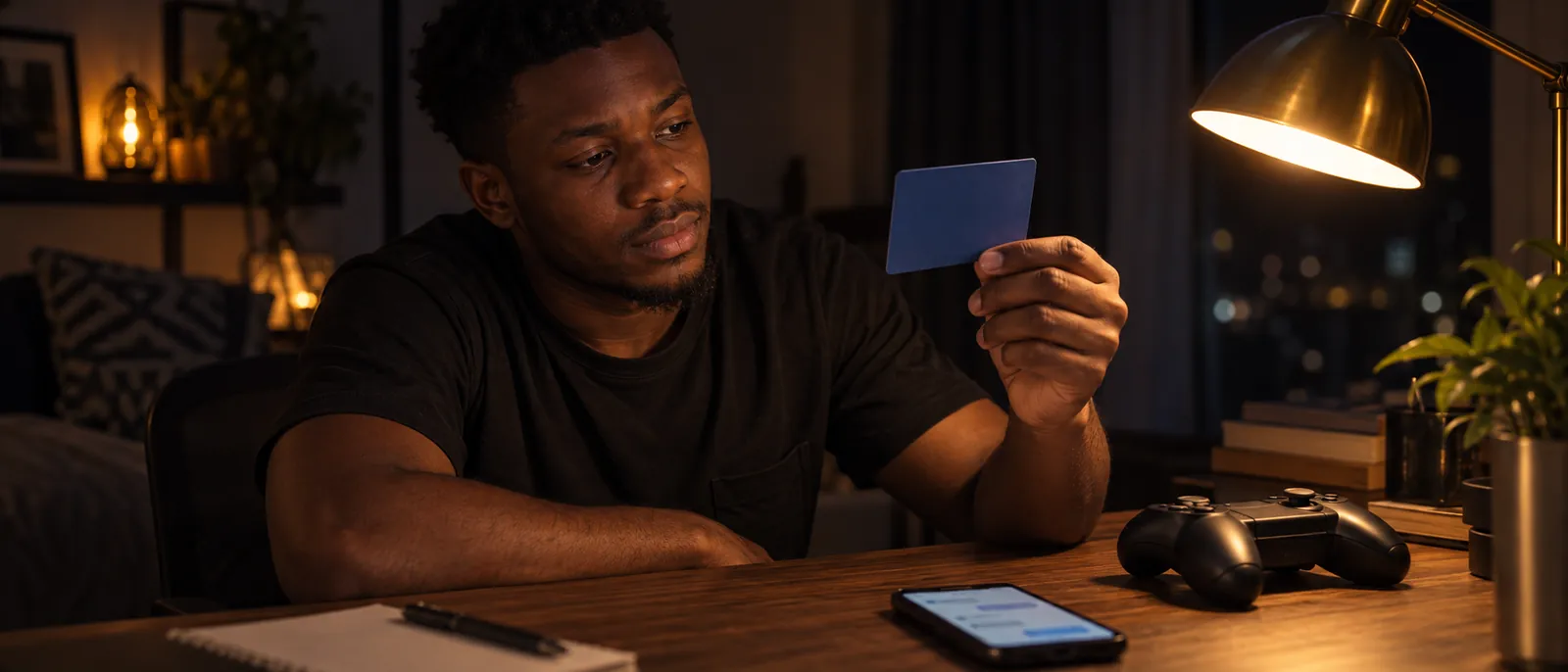 A young Nigerian man at a wooden desk at night in warm lamplight, holding a plain matte dark-blue gift card up toward a brass desk lamp, a plain black game controller and his softly glowing phone resting on the desk beside him