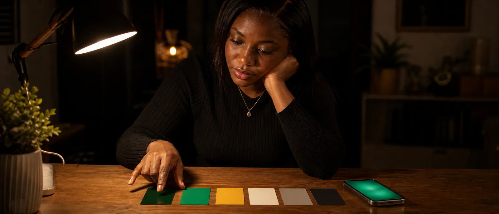 A young Nigerian woman at a wooden desk in warm evening lamplight, arranging a row of gift cards in order like a personal leaderboard