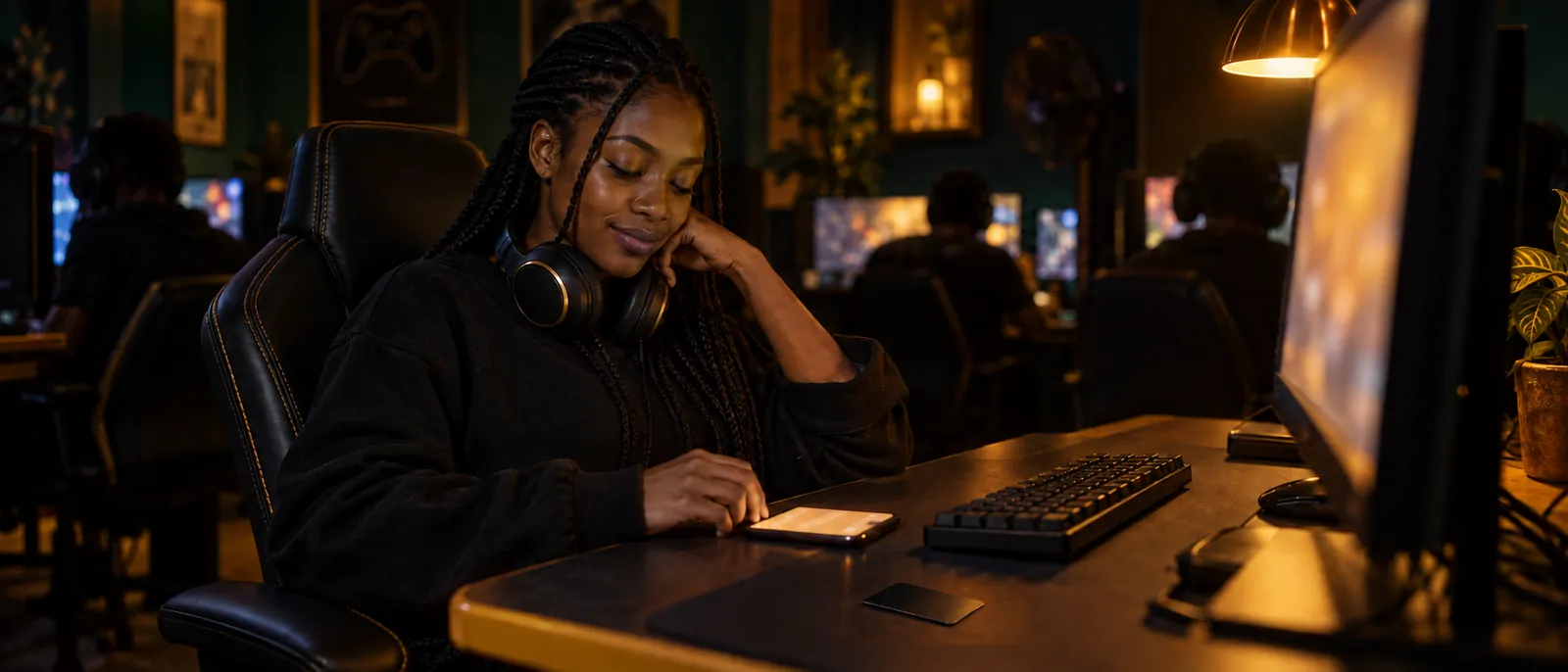A young Nigerian woman with braided hair at a PC in a small gaming café at night, headset around her neck, looking down at her glowing phone on the desk, a blank matte-black gift card lying flat beside the keyboard in warm lamplight