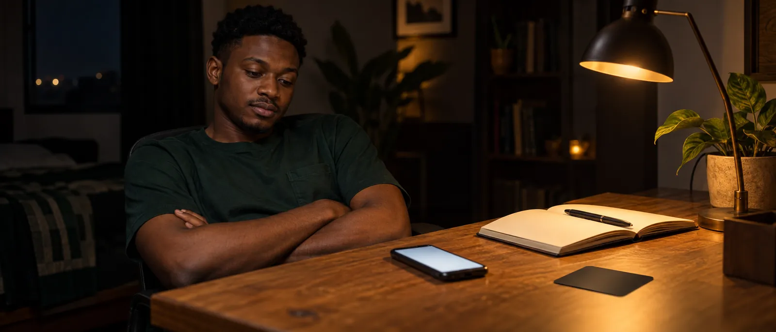 A young Nigerian man with short natural hair at a wooden desk at night in warm lamplight, leaning back with arms loosely crossed, glancing at his phone lying face-up and unreadable beside an open blank notebook with a pen and a blank matte-black gift card lying flat