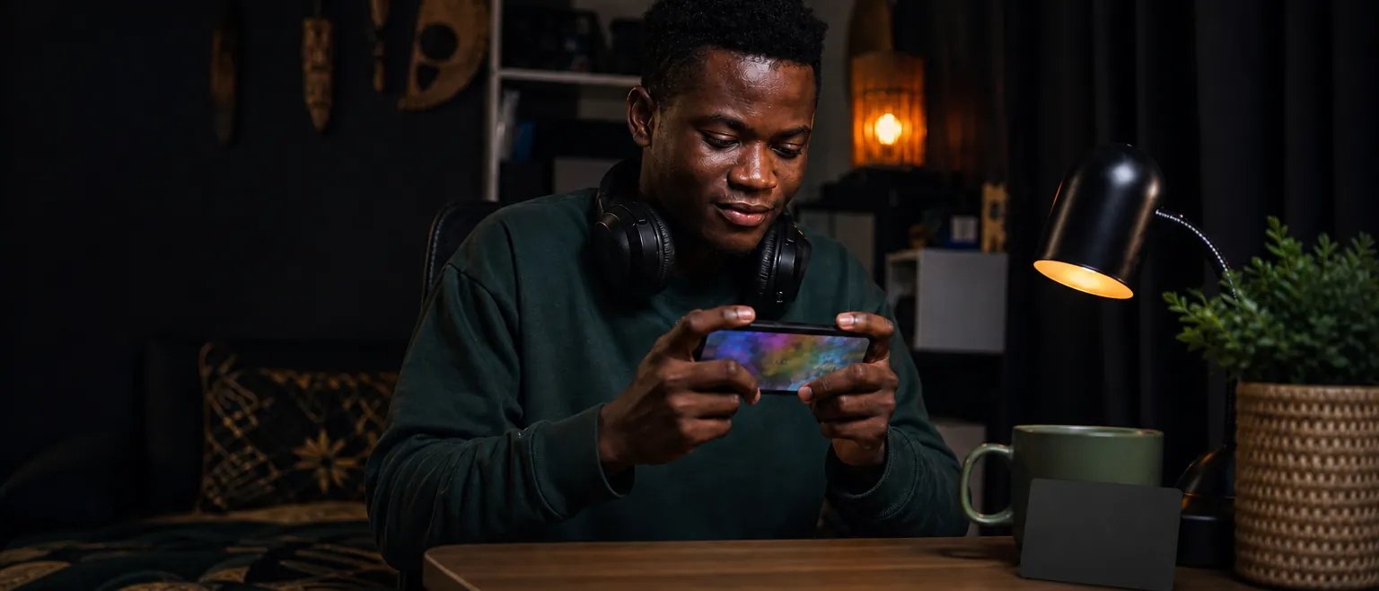 A young Nigerian man gaming on his phone at a home desk in warm evening lamplight, headphones around his neck, a blank matte-black gift card propped against a mug beside him