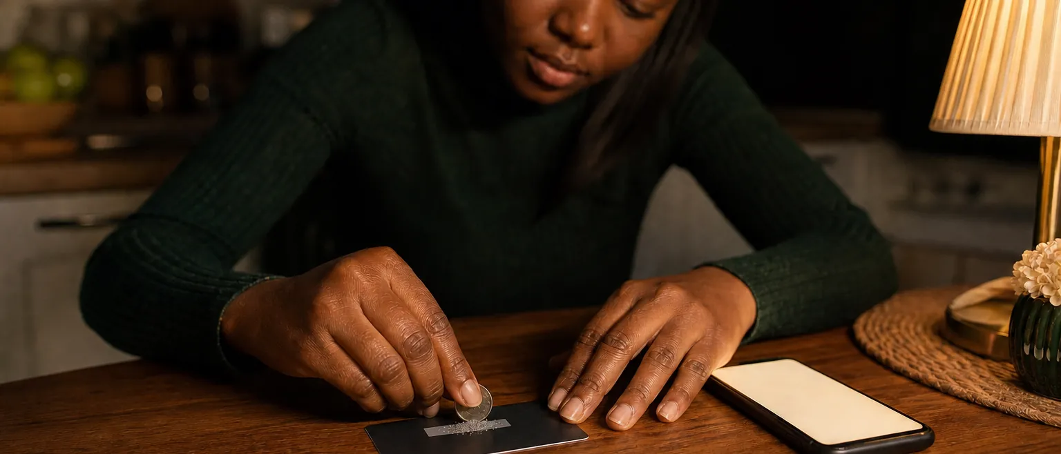A young Nigerian woman at her kitchen table in warm evening lamplight, scratching the silver security panel off the back of a blank dark gift card with a small coin, her phone lying face-up and glowing beside her