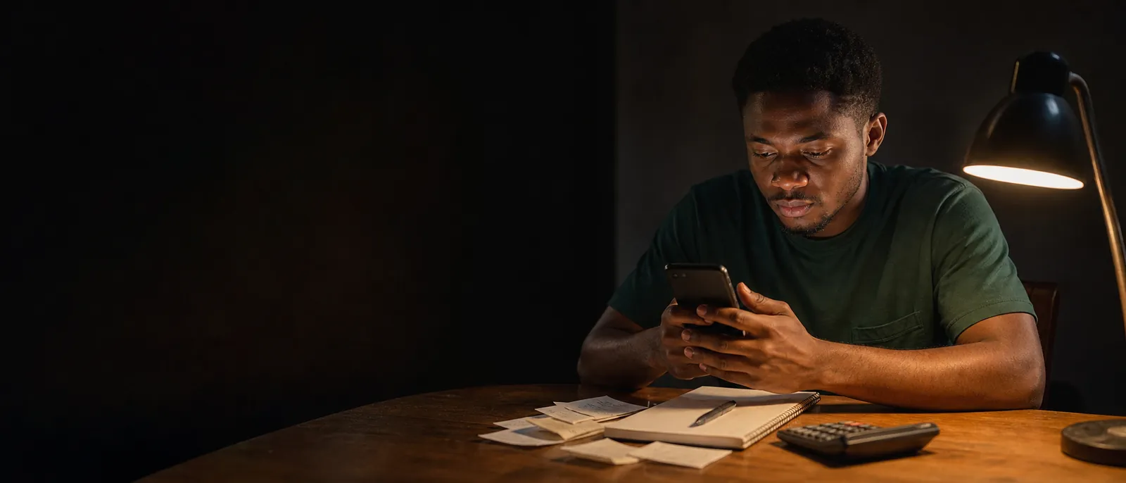 A young Nigerian man at a wooden desk in warm evening lamplight, checking his phone beside a notebook, receipts and a calculator