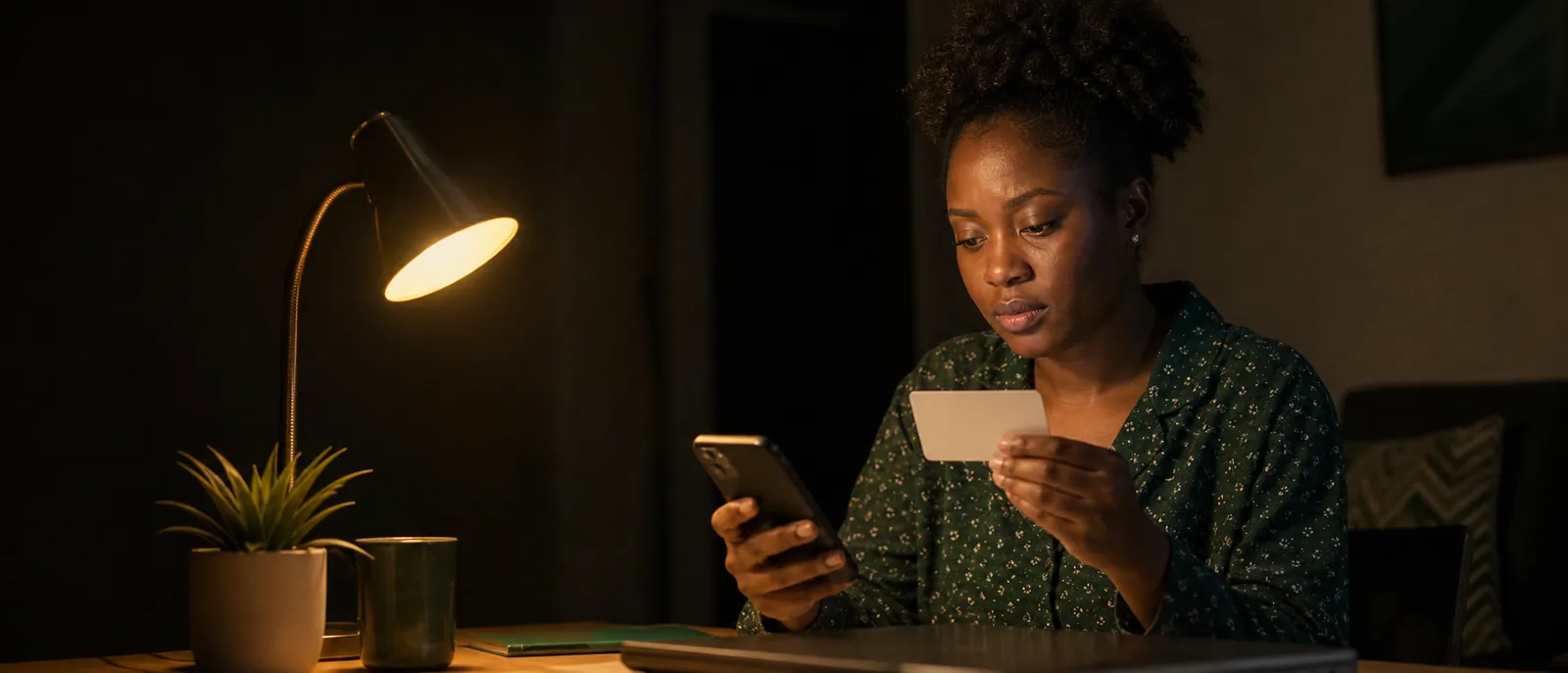 A young Nigerian woman at a desk in warm evening lamplight, holding a gift card and checking her phone carefully before a trade