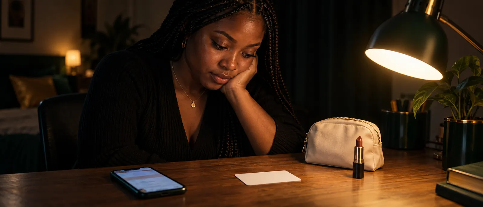 A young Nigerian woman with braided hair at a wooden desk at night in warm lamplight, chin on hand, studying a blank white gift card lying flat beside a small cream cosmetics pouch and a plain lipstick, her phone face-up with a soft unreadable glow