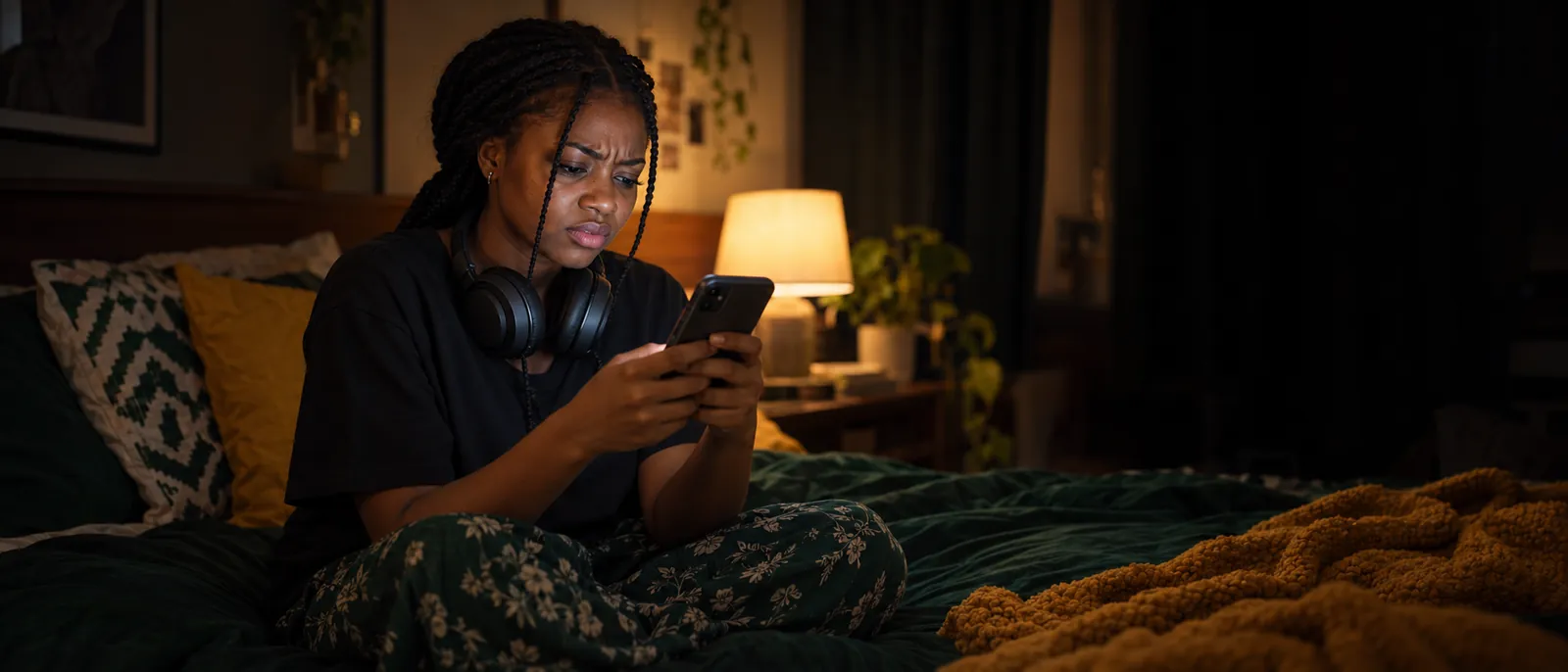 A young Nigerian woman sits on her bed at night, headphones around her neck, puzzled at a glowing phone screen — a music subscription renewal has just failed