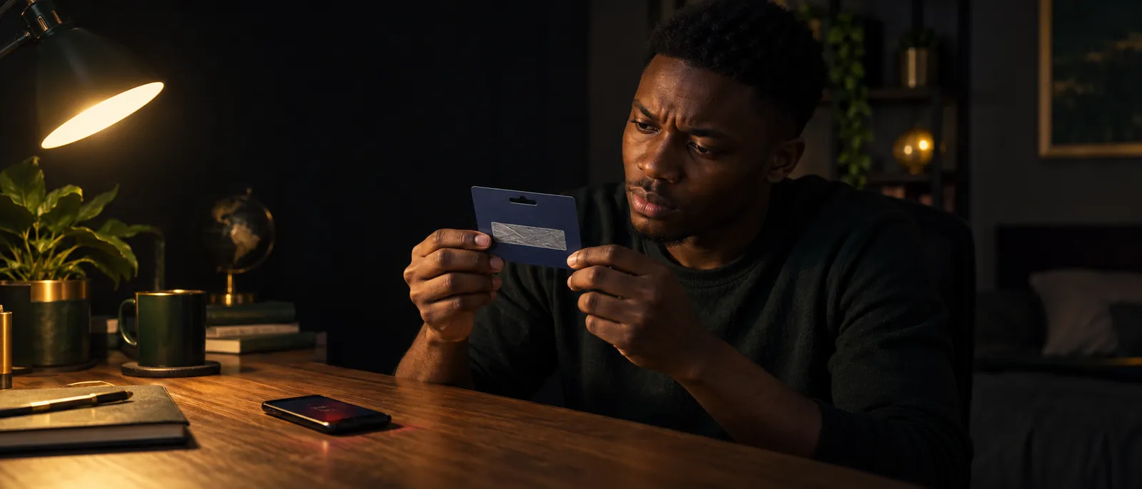 A puzzled young Nigerian man at a desk in evening lamplight, tilting a blank dark gift card toward the light to read its scratch panel, his phone face-up on the desk with a faint red glow