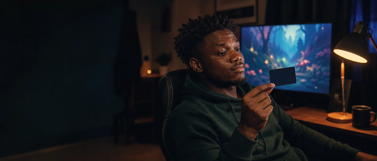 A young Nigerian man at a home desk in warm evening lamplight, leaning back from his glowing PC monitor and holding up a blank dark gift card, weighing what to do with it