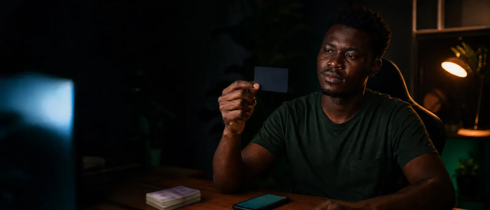 A young Nigerian man at a home desk at night, lit by a cool gaming-monitor glow on one side and a warm desk lamp on the other, holding a blank dark gift card up between two fingers, with a small stack of naira banknotes and a glowing phone on the desk