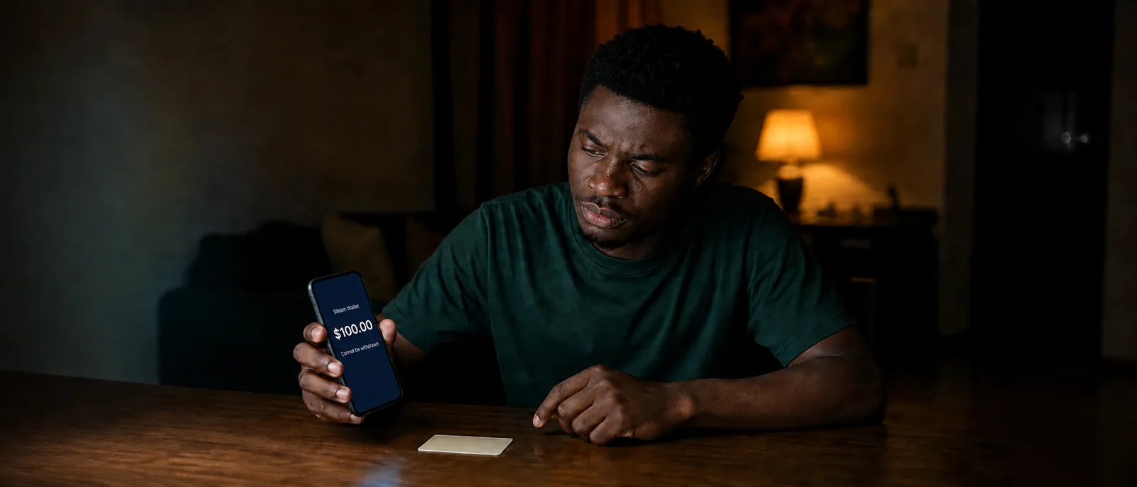A young Nigerian man at a wooden desk at night, warm lamp glow behind him, holding a phone showing a Steam Wallet screen reading $100.00 with the line "Cannot be withdrawn", a blank cream gift card lying on the desk