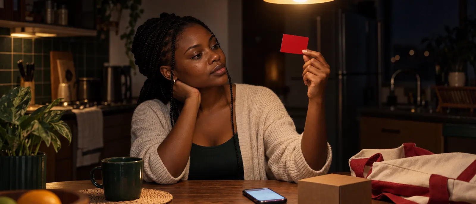A young Nigerian woman at a wooden kitchen table at night, holding a plain matte-red gift card up toward a warm pendant lamp, a folded cream-and-red shopping tote, a small cardboard box and her glowing phone resting on the table beside her