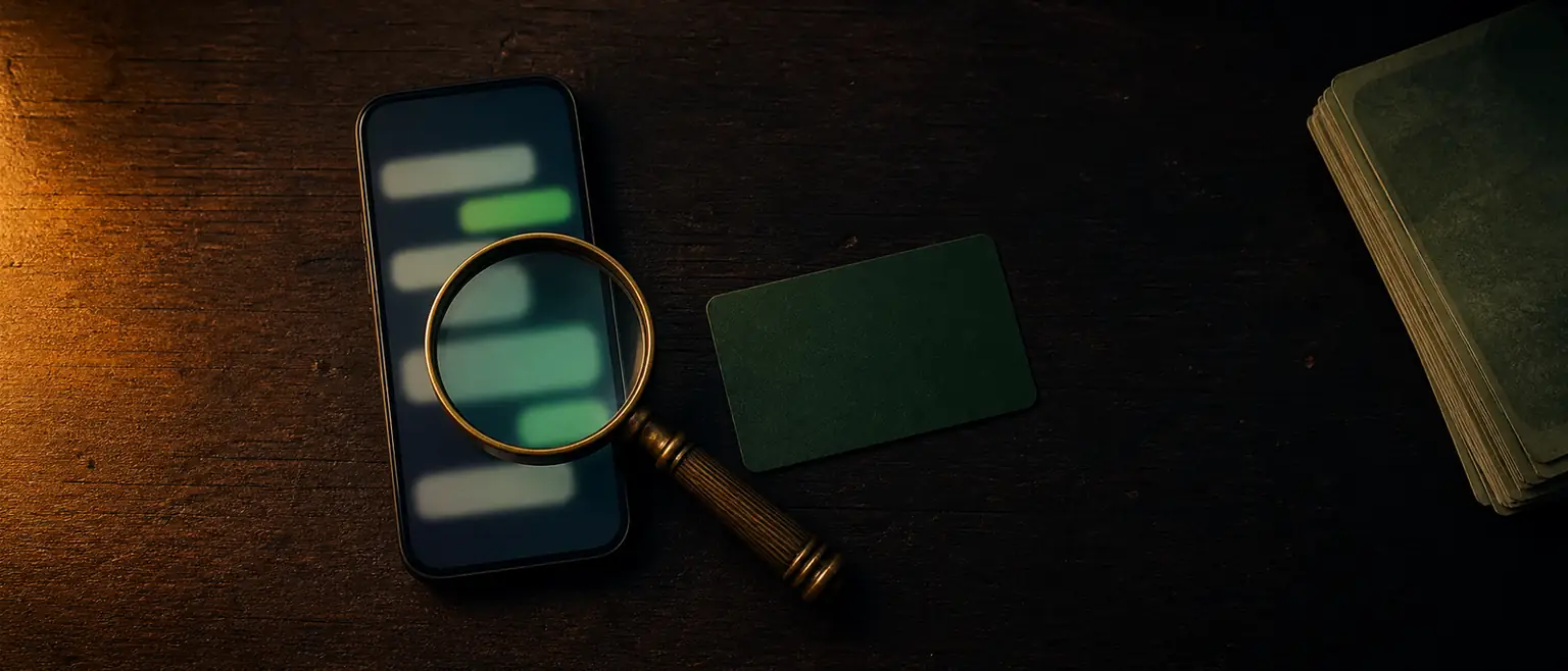A smartphone on a dark wooden desk at night showing a blurred chat conversation, a brass magnifying glass resting against it, a blank dark-green gift card face-down beside it and a small stack of banknotes at the frame edge, in warm lamplight
