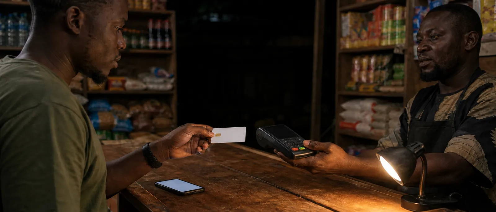 A young Nigerian man at a small shop counter in the evening handing a plain white prepaid card toward an unbranded POS terminal held by the shopkeeper, a warm counter lamp lighting the scene