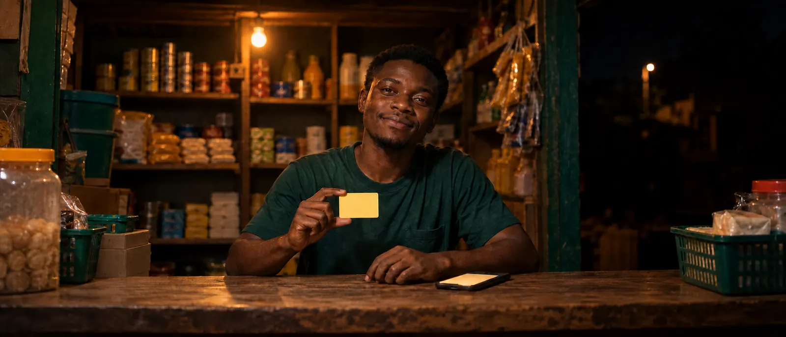 A young Nigerian man behind the wooden counter of a small provision store at night, shelves of tinned goods lit by a warm bulb behind him, holding up a blank pale-yellow gift card, his phone glowing face-up on the counter