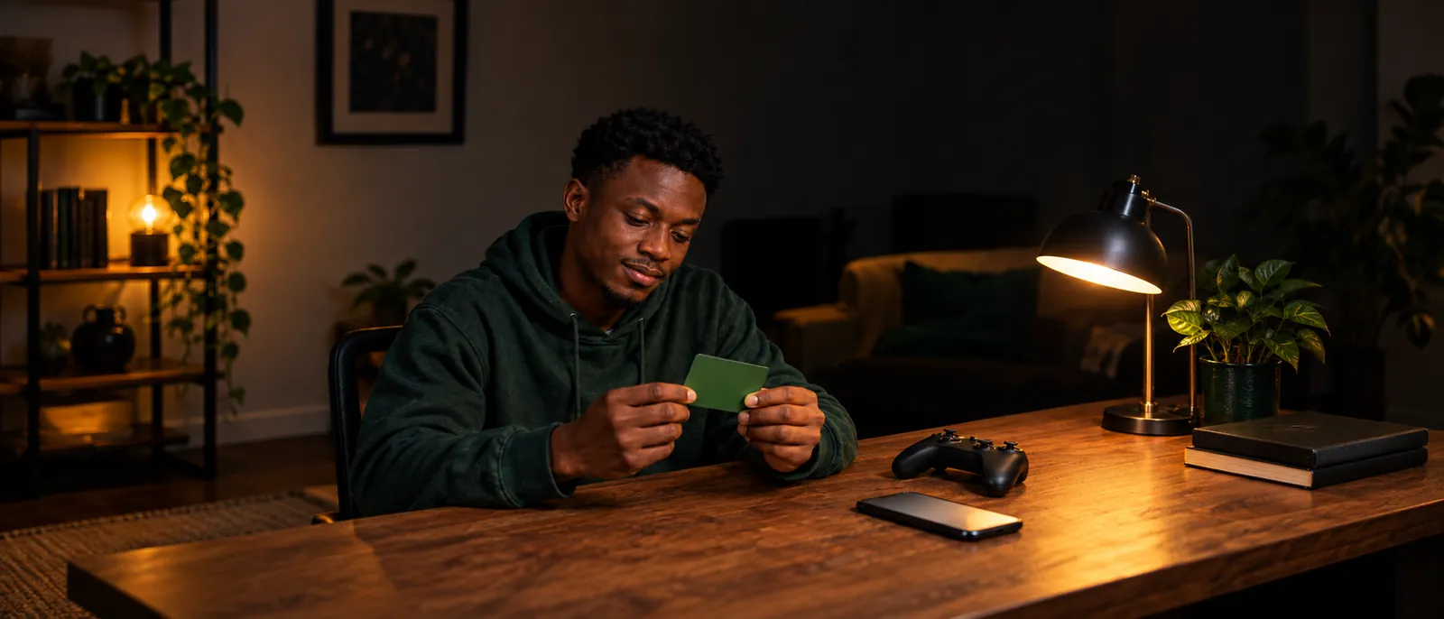 A young Nigerian man at a wooden desk at night in warm lamplight, turning a blank matte dark-green gift card over in his hands, a matte black game controller beside his softly glowing phone
