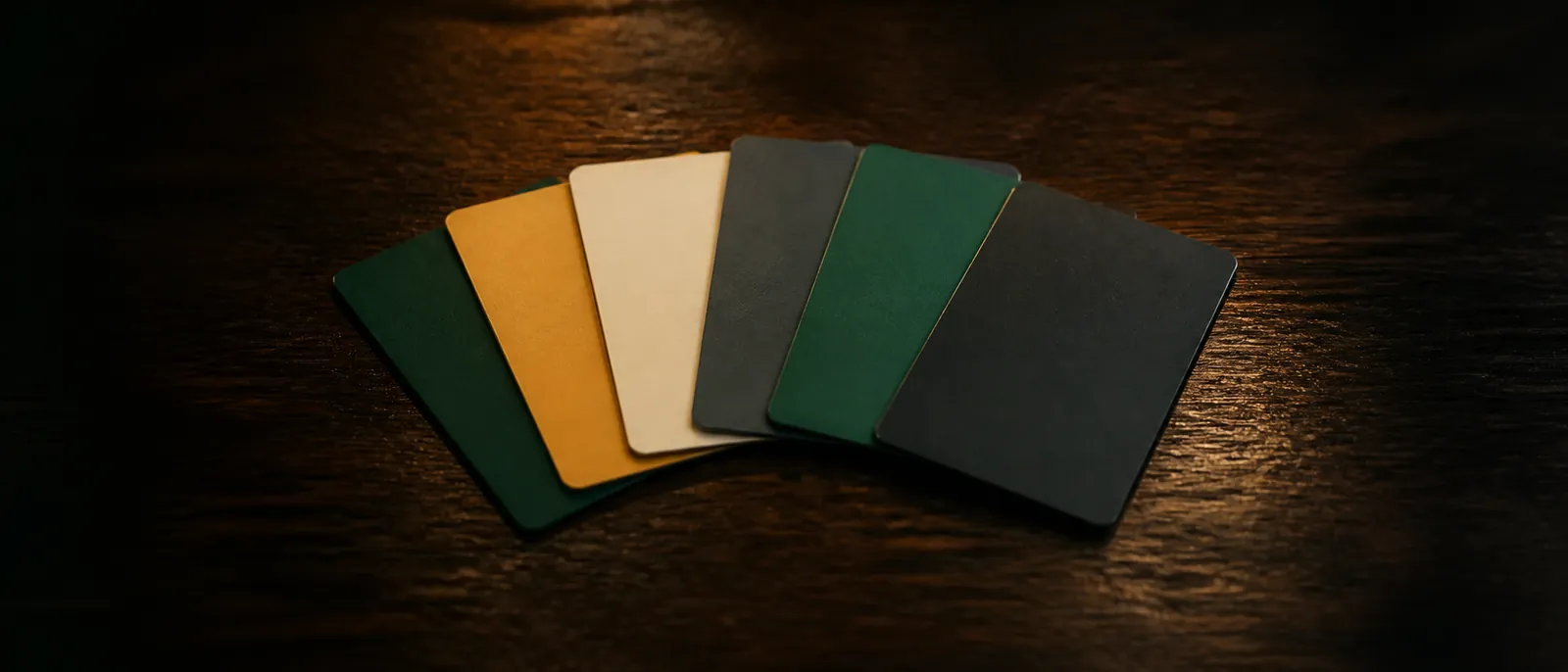 Photo: a spread of glossy gift cards in green and gold tones