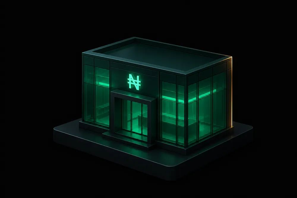 Illustration: a glassy dark-green bank building with a glowing naira symbol, floating on black