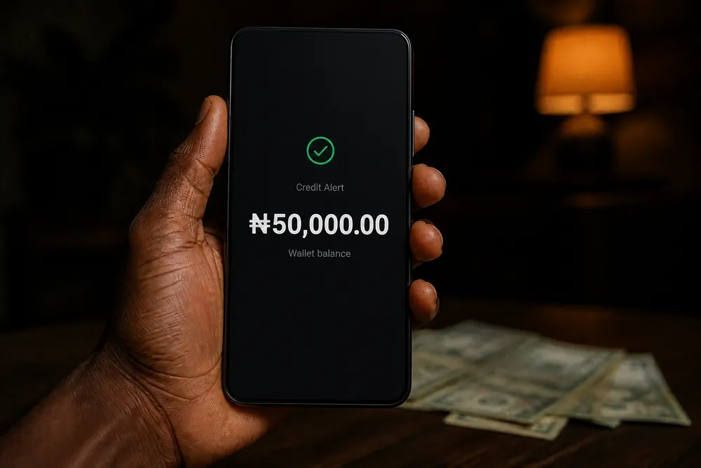 Photo: a hand holds a phone next to naira banknotes