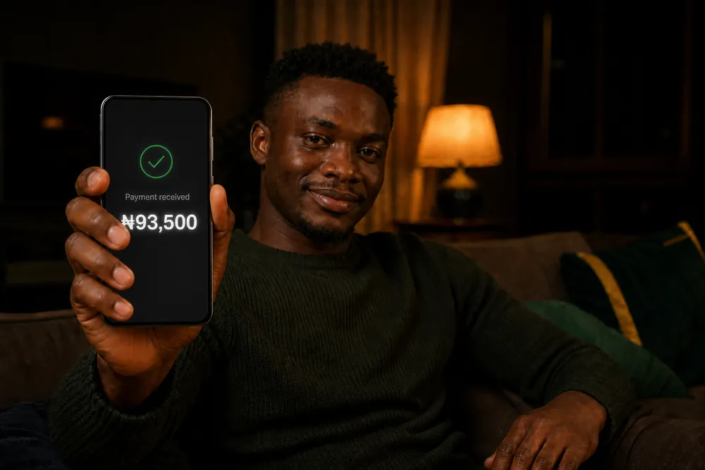 Photo: a young Nigerian man in warm lamplight holds his phone toward the camera; the screen shows a dark payment-received screen with ₦93,500